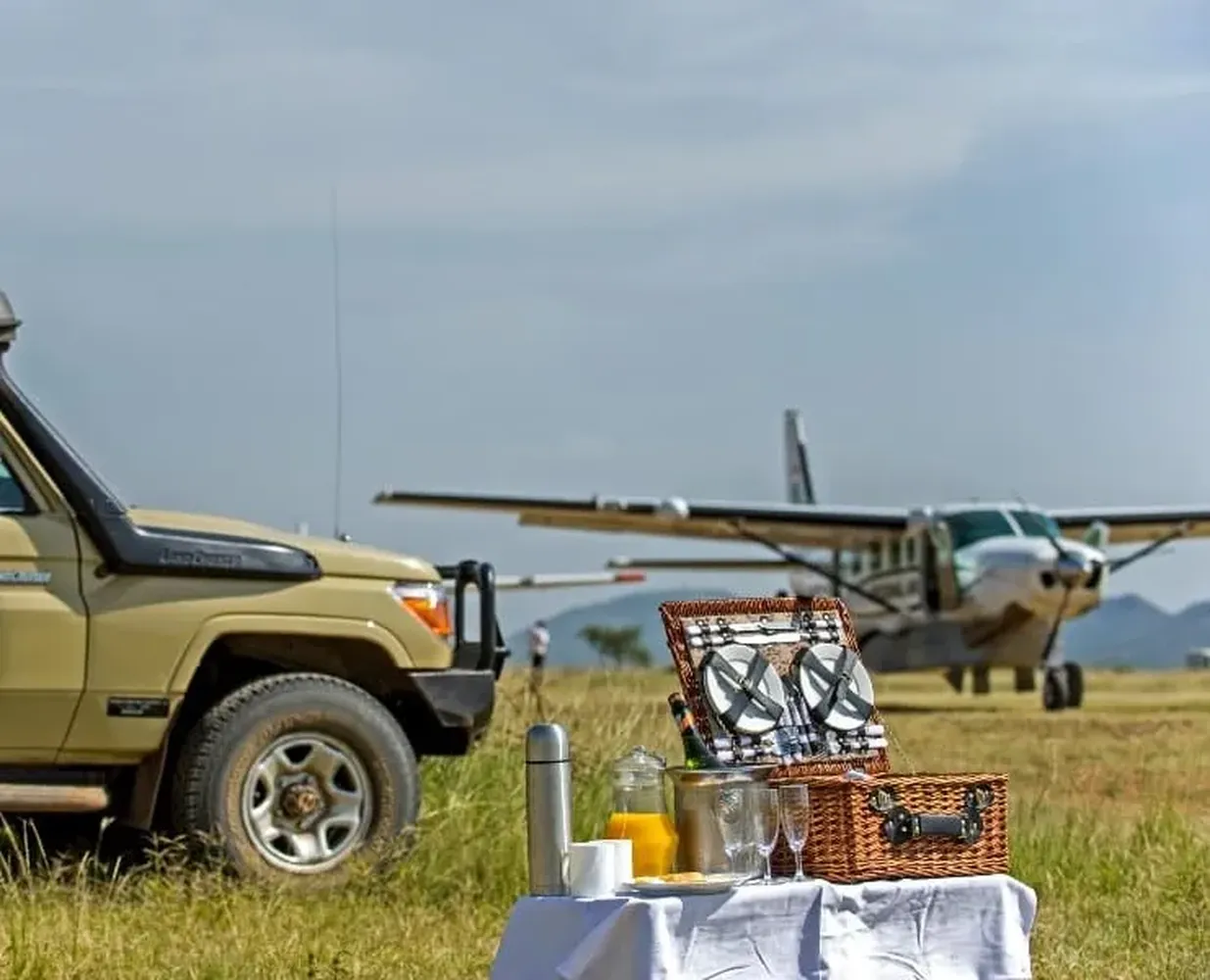 Fly-in bush plane and driving safari vehicle in Tanzania