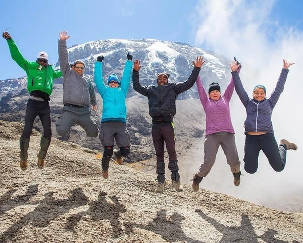 Climbers hiking the difficult seven-day Machame Route on Mount Kilimanjaro