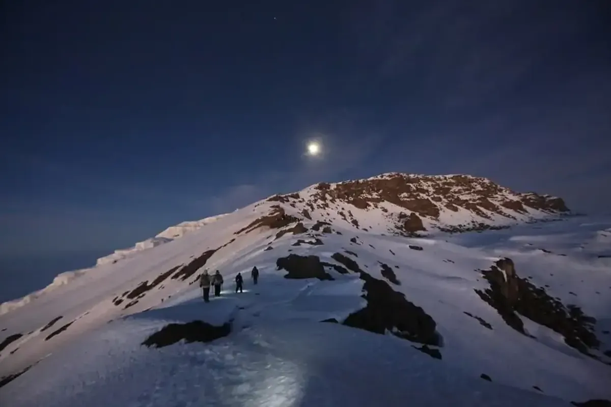 Climbers walking up a snowy slope to Kilimanjaro's summit by moonlight
