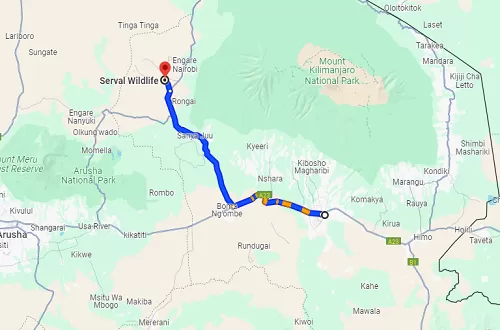 Serval Wildlife Sanctuary location map near Kilimanjaro
