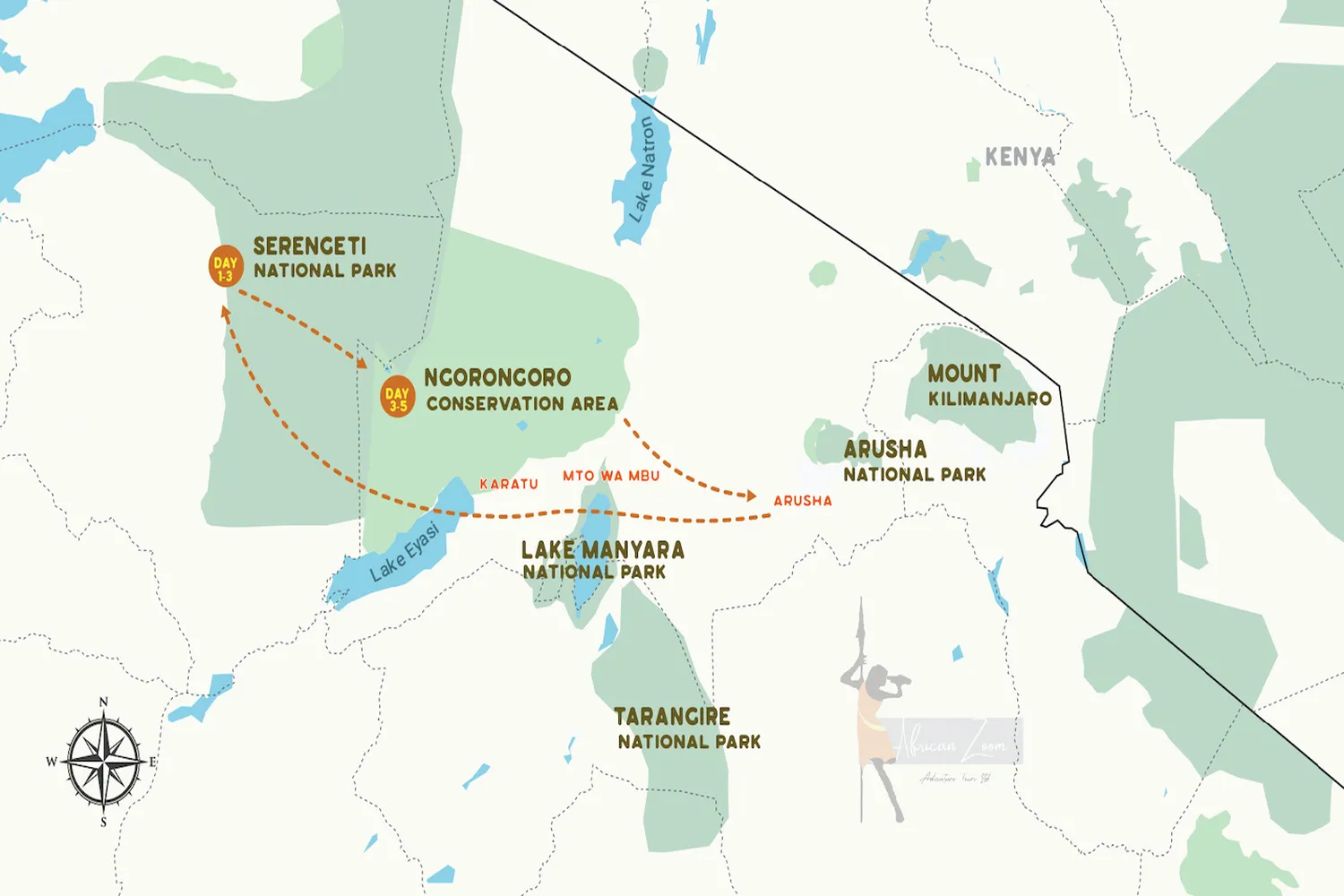 Ngorongoro and Serengeti Combined Safari Route Map