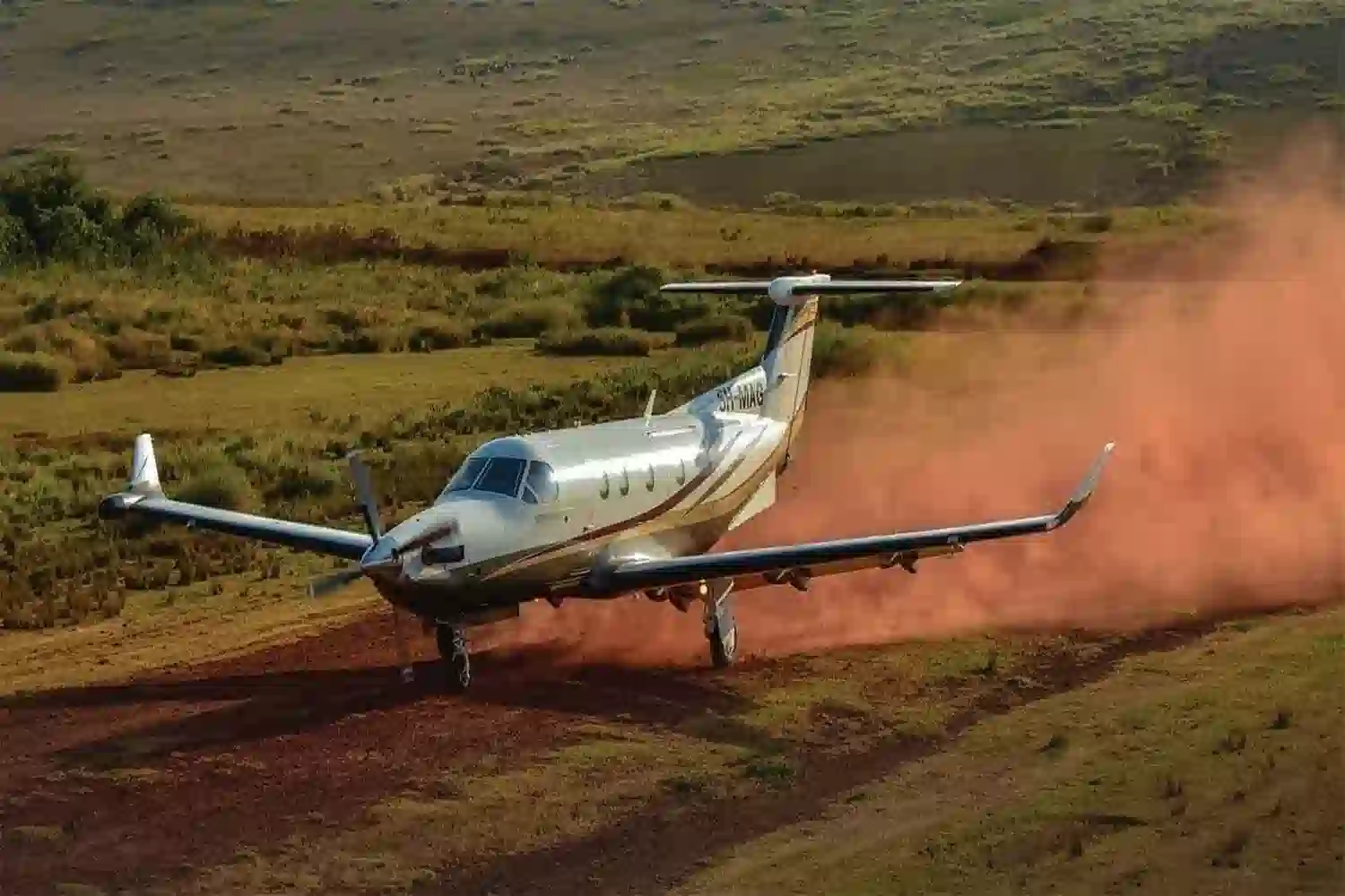 Light aircraft landing on a red-earth airstrip in the Serengeti