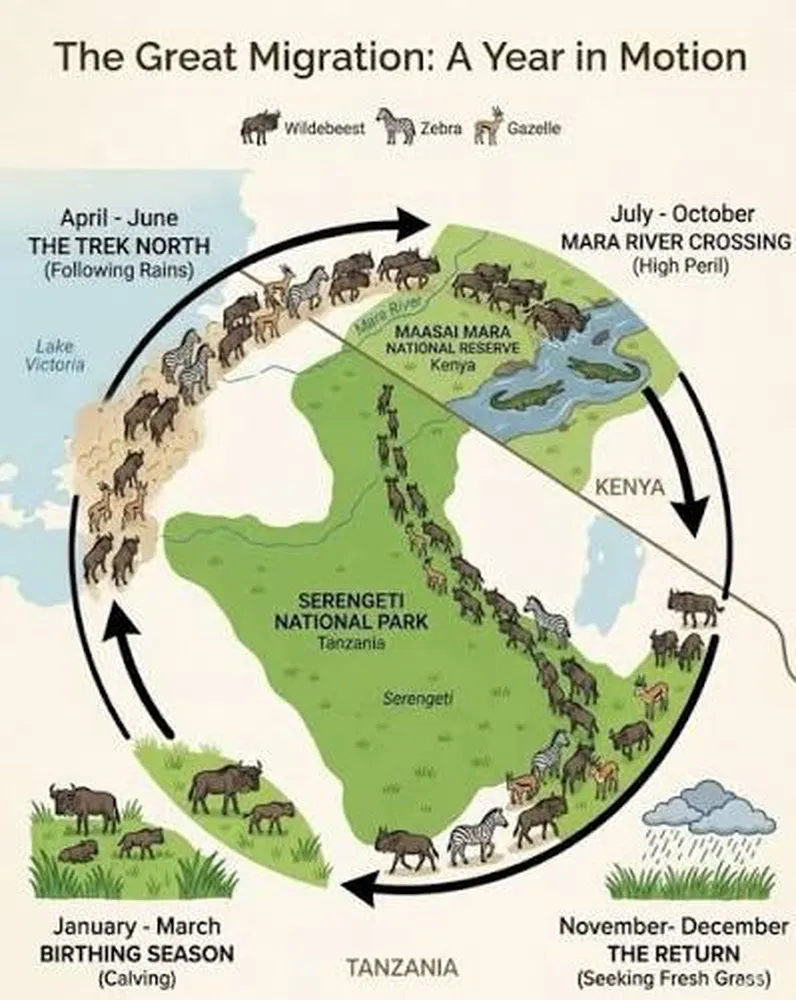 Large wildebeest herds moving across the Serengeti during the Great Migration